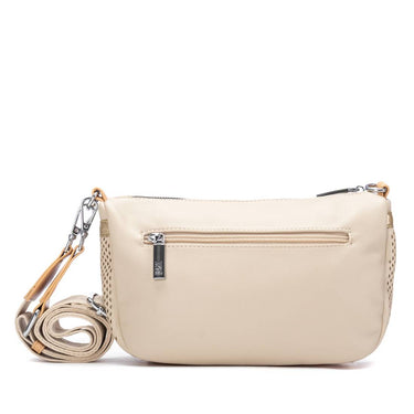 Beige crossbody bag with a strap on a white background