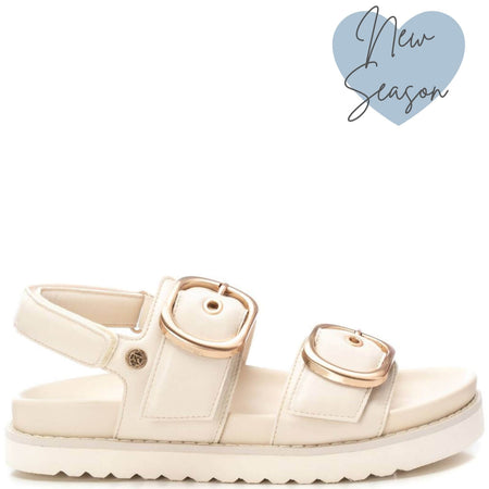 XTI Beige Gold Buckle Chunky Flat Sandals