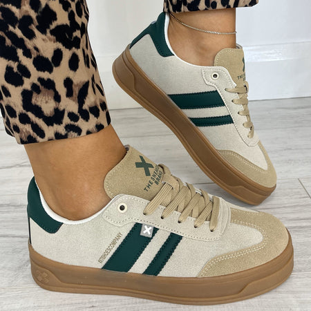 XTI Beige Suede & Dark Green Sneakers