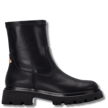 Black boot with a gold accent on a white background