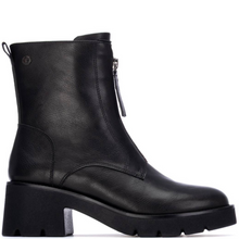 Black leather ankle boot with a chunky sole on a white background