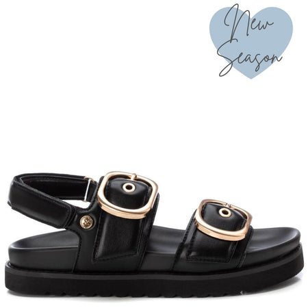 XTI Black Gold Buckle Chunky Flat Sandals