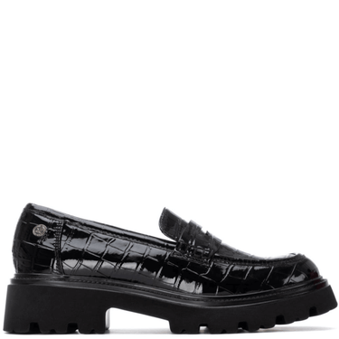 Black patent leather loafer shoes on a white background