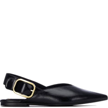 A single black leather slingback flat shoe with a pointed toe and a prominent gold-tone metal buckle, shown in profile against a plain white background.
