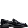 A single black leather penny loafer with a textured crocodile-embossed toe cap and silver studs, shown in profile against a plain white background.