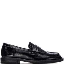 A single black leather penny loafer with a textured crocodile-embossed toe cap and silver studs, shown in profile against a plain white background.