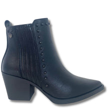 A single black leather ankle boot with a block heel, pointed toe, decorative studs, and vertical stitched detailing on the side, shown against a plain white background.
