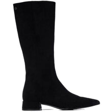 A single black suede knee-high boot with a pointed toe and low block heel, shown in profile against a plain white background.