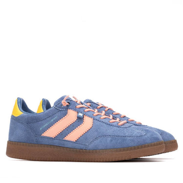 Blue sneaker with pink accents on a white background