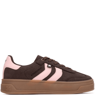 Brown and pink sneaker with a white background