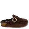 A dark brown suede clog slipper with a plush brown faux-fur lining and a gold-tone metal buckle strap, shown against a plain white background.