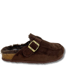 A dark brown suede clog slipper with a plush brown faux-fur lining and a gold-tone metal buckle strap, shown against a plain white background.