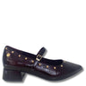 A dark burgundy Mary Jane shoe with a textured crocodile-embossed finish, gold-tone studs, and a block heel, shown against a plain white background.