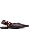 A single dark burgundy leather slingback flat shoe with a gold buckle, shown in a side profile on a white background.