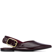 A single dark burgundy leather slingback flat shoe with a gold buckle, shown in a side profile on a white background.