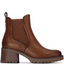 A brown leather Chelsea-style ankle boot with a ribbed elastic side panel and a chunky lug sole, shown in profile against a white background.
