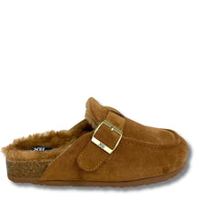 A single tan suede slip-on clog with a plush brown faux-fur lining and a gold-tone buckle strap, shown from a side profile on a white background.