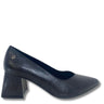 A single women's pump shoe with a pointed toe and a chunky block heel, featuring a textured python-style pattern in dark grey. A small round metallic button is visible on the heel counter.