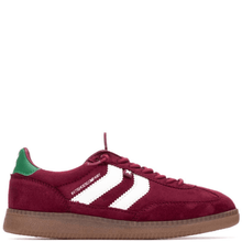 Maroon sneaker with white stripes and brown sole on a white background