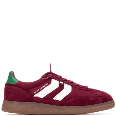 Maroon sneaker with white stripes and brown sole on a white background
