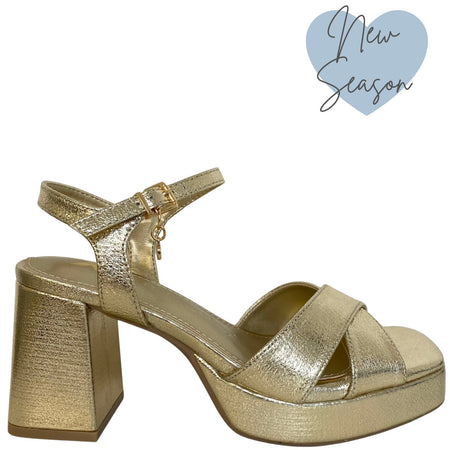 XTI Gold Platform Block Heel Sandals