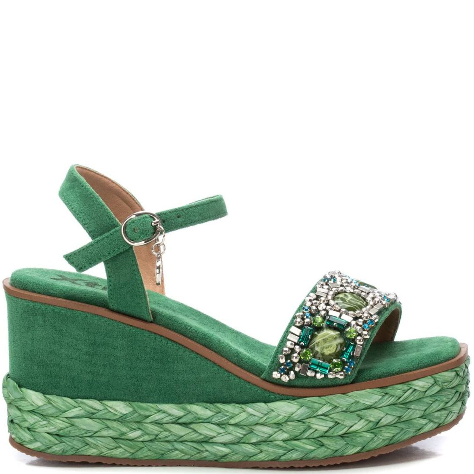 XTI Green Beaded Wedge Sandals