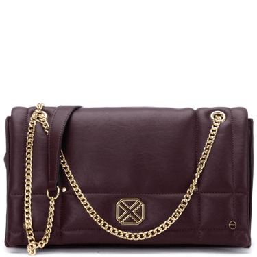 Brown handbag with a gold chain strap on a white background