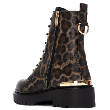 Leopard print boot with gold accents on a white background