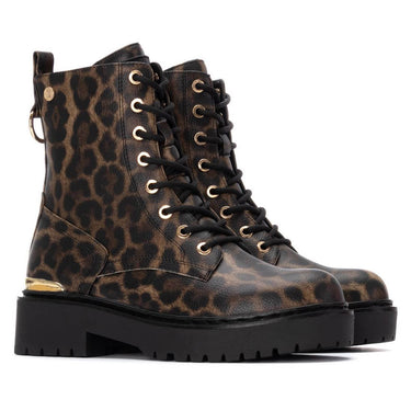 Leopard print boots with gold accents on a white background