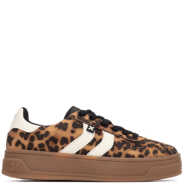 Leopard print sneaker with white stripes on a white background