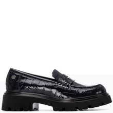 Dark Navy crocodile-patterned loafers on a white background