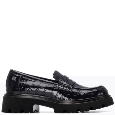 Dark Navy crocodile-patterned loafers on a white background