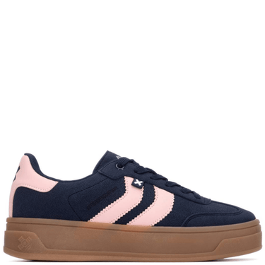 Navy and pink sneaker with brown sole on a white background