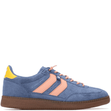 Blue sneaker with pink stripes on a white background