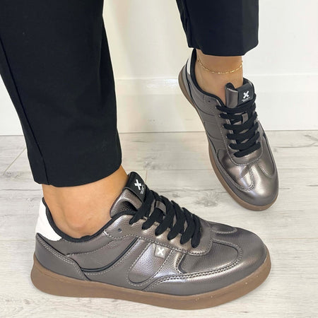 XTI Pewter Metallic Slim Line Gum Sole Sneakers