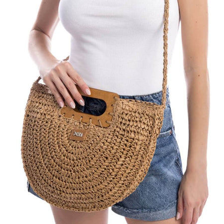 XTI Raffia Crossbody With Wooden Handle - Taupe