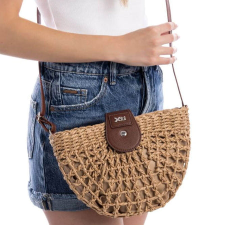 XTI Raffia Half Moon Crossbody Bag - Taupe