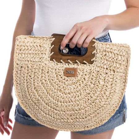 XTI Raffia Crossbody With Wooden Handle - Cream