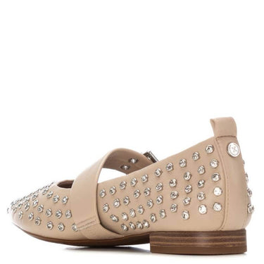 Beige flat shoe with rhinestone embellishments on a white background