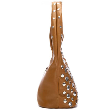 Brown handbag with silver studs on a white background