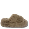 A single plush faux-fur slide slipper in a taupe-brown color, shown from a side profile view against a plain white background.