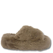 A single plush faux-fur slide slipper in a taupe-brown color, shown from a side profile view against a plain white background.