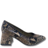 A single women's pump shoe with a snakeskin pattern in black, brown, and beige, featuring a block heel and a small gold-tone logo stud on the side.