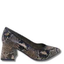 A single women's pump shoe with a snakeskin pattern in black, brown, and beige, featuring a block heel and a small gold-tone logo stud on the side.