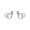A pair of silver-toned double-ring stud earrings with one ring accented by small clear stones, shown on a light gray background.