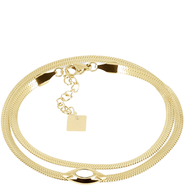 Gold bracelet with a square charm on a white background