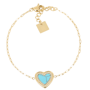 Gold bracelet with a turquoise heart charm on a white background