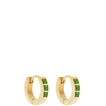 Gold hoop earrings with green gemstones on a white background
