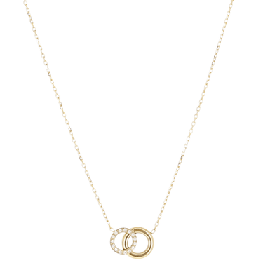 Gold necklace with interlocking rings on a white background