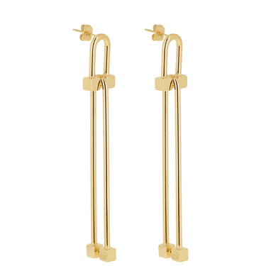 Gold hoop earrings with square accents on a white background